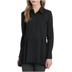 LYSSE Poet Blouse Women's Tunic Top Black Pleated Flutter Button Down Collared S